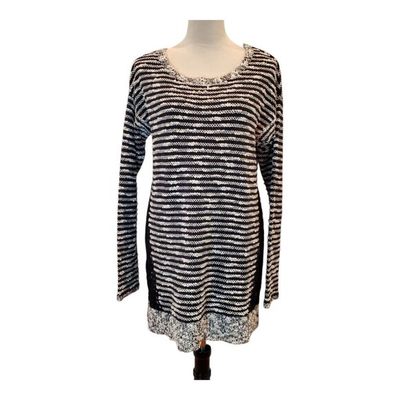 ANTHROPOLOGIE MOTH SZ L Staccato Stripe Wool/Cotton Blend Tunic Sweater Blk&Wht - Picture 1 of 12